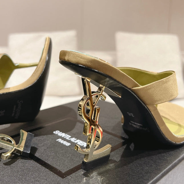 YSL 26S HEELED THONG SANDALS 85 MM IN MOSS GREEN SATIN