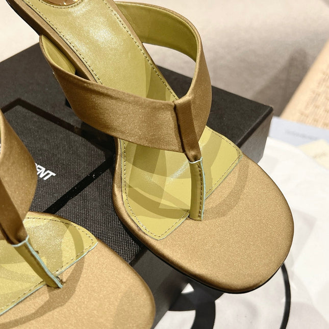 YSL 26S HEELED THONG SANDALS 85 MM IN MOSS GREEN SATIN