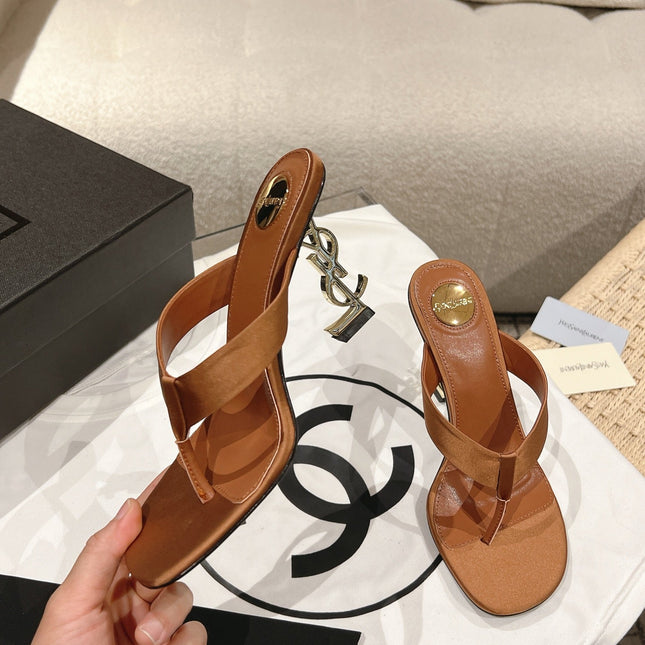 YSL 26S HEELED THONG SANDALS 85 MM IN TAN BROWN SATIN