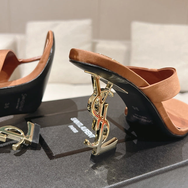 YSL 26S HEELED THONG SANDALS 85 MM IN TAN BROWN SATIN