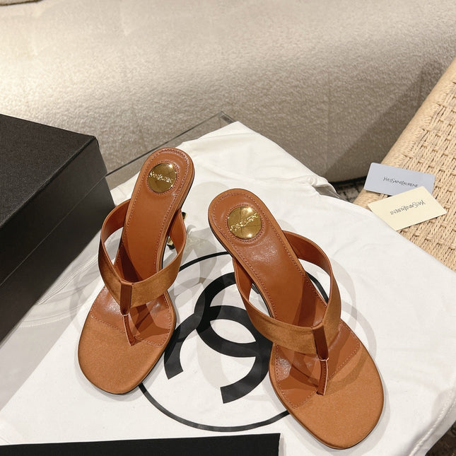 YSL 26S HEELED THONG SANDALS 85 MM IN TAN BROWN SATIN