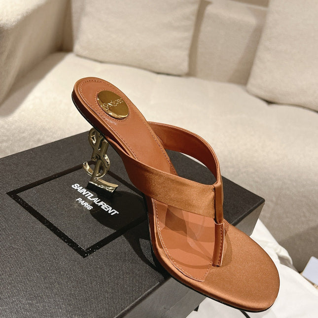 YSL 26S HEELED THONG SANDALS 85 MM IN TAN BROWN SATIN