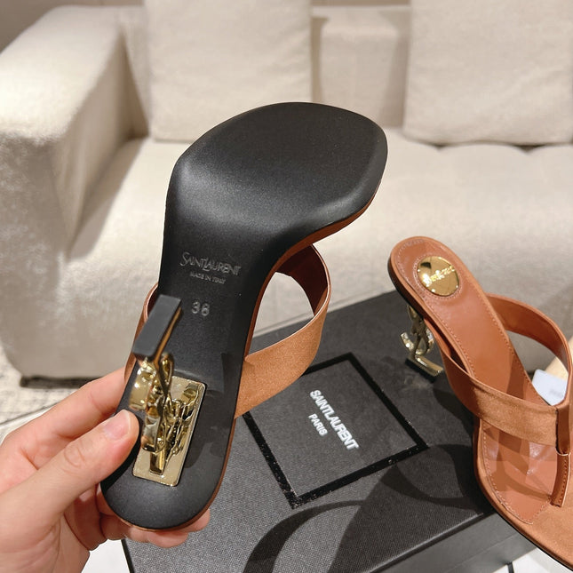 YSL 26S HEELED THONG SANDALS 85 MM IN TAN BROWN SATIN