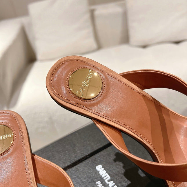 YSL 26S HEELED THONG SANDALS 85 MM IN TAN BROWN SATIN