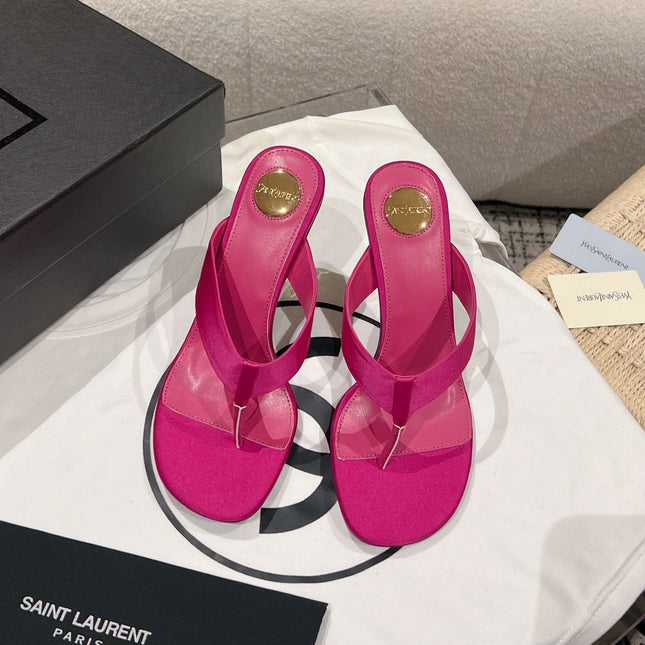 YSL 26S HEELED THONG SANDALS 85 MM IN DARK PINK SATIN