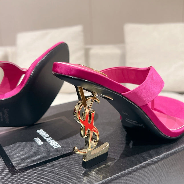 YSL 26S HEELED THONG SANDALS 85 MM IN DARK PINK SATIN