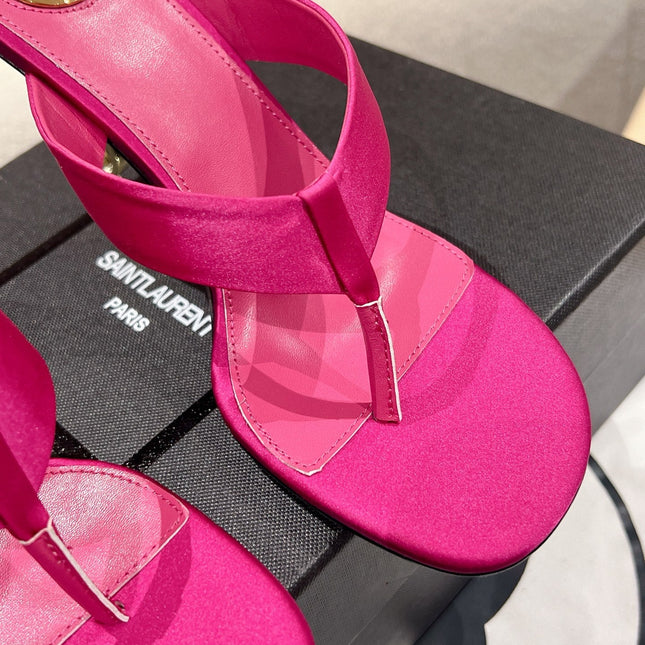 YSL 26S HEELED THONG SANDALS 85 MM IN DARK PINK SATIN