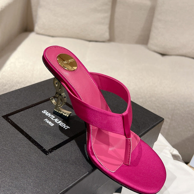 YSL 26S HEELED THONG SANDALS 85 MM IN DARK PINK SATIN