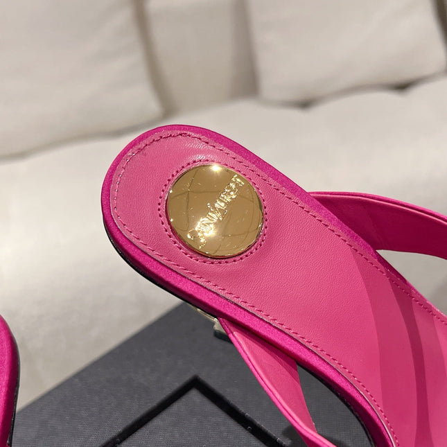YSL 26S HEELED THONG SANDALS 85 MM IN DARK PINK SATIN