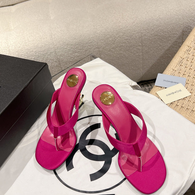 YSL 26S HEELED THONG SANDALS 85 MM IN DARK PINK SATIN