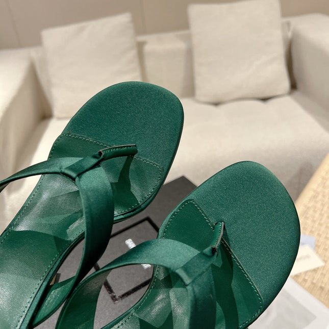 YSL 26S HEELED THONG SANDALS 85 MM IN DARK GREEN SATIN