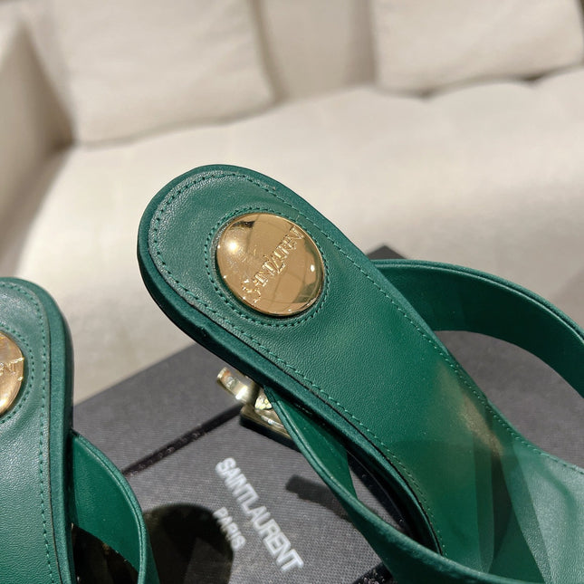 YSL 26S HEELED THONG SANDALS 85 MM IN DARK GREEN SATIN