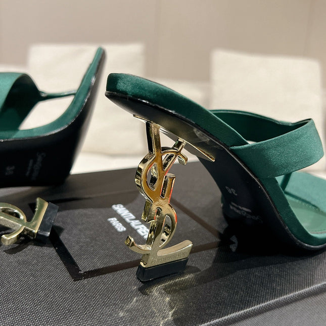 YSL 26S HEELED THONG SANDALS 85 MM IN DARK GREEN SATIN