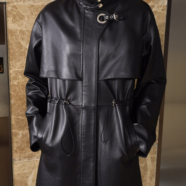 HERMES 25S LONG LEATHER JACKET WITH DRAWSTRING WAIST 170