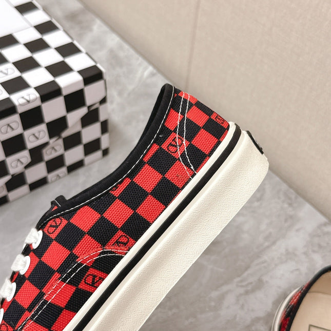 VALENTINO 25S GARAVANI X VANS SNEAKERS IN RED MIX BLACK CANVAS