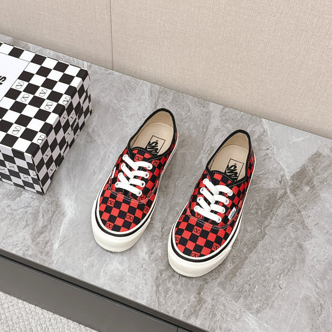 VALENTINO 25S GARAVANI X VANS SNEAKERS IN RED MIX BLACK CANVAS