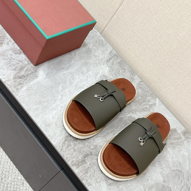 LP 26S LOCK MULE SLIDES IN OLIVE GREEN CALFSKIN SILVER HARDWARE