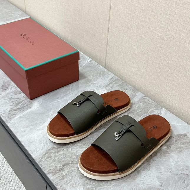LP 26S LOCK MULE SLIDES IN OLIVE GREEN CALFSKIN SILVER HARDWARE