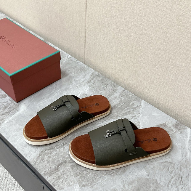 LP 26S LOCK MULE SLIDES IN OLIVE GREEN CALFSKIN SILVER HARDWARE