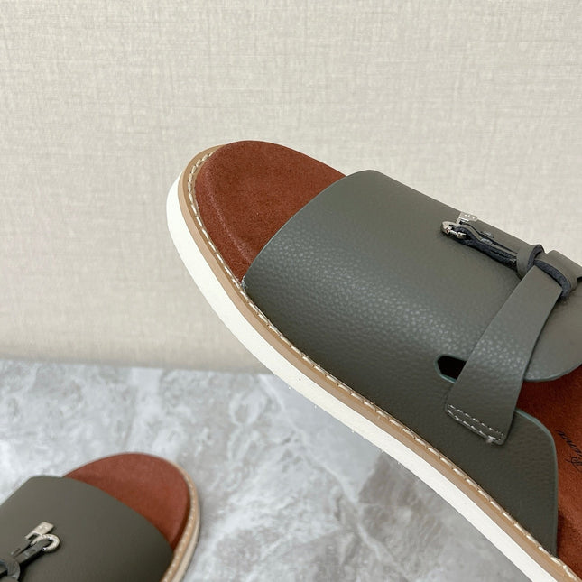 LP 26S LOCK MULE SLIDES IN OLIVE GREEN CALFSKIN SILVER HARDWARE