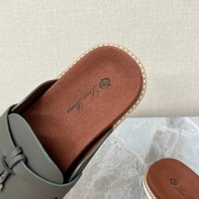 LP 26S LOCK MULE SLIDES IN OLIVE GREEN CALFSKIN SILVER HARDWARE