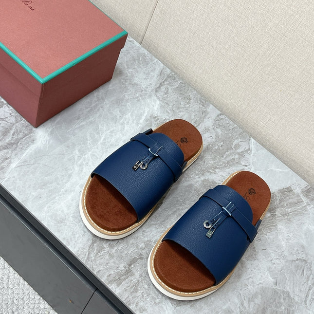 LP 26S LOCK MULE SLIDES IN DARK BLUE CALFSKIN SILVER HARDWARE