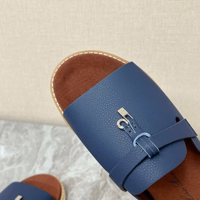 LP 26S LOCK MULE SLIDES IN DARK BLUE CALFSKIN SILVER HARDWARE