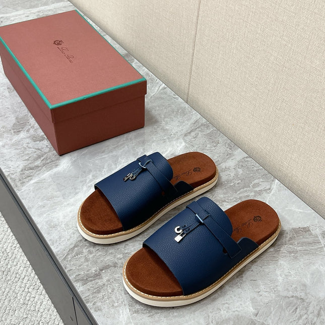 LP 26S LOCK MULE SLIDES IN DARK BLUE CALFSKIN SILVER HARDWARE