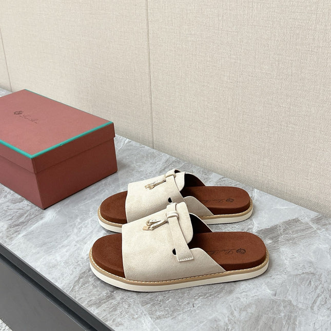 LP 26S LOCK MULE SLIDES IN BEIGE SUEDE SILVER HARDWARE