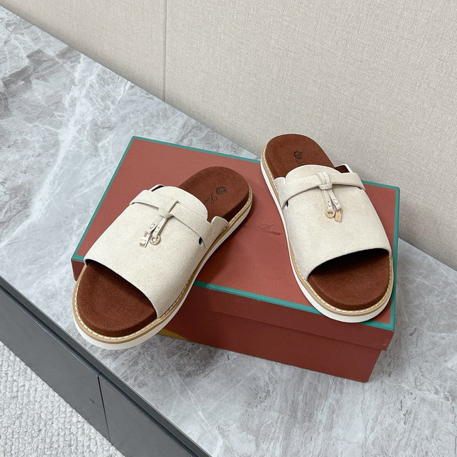 LP 26S LOCK MULE SLIDES IN BEIGE SUEDE SILVER HARDWARE