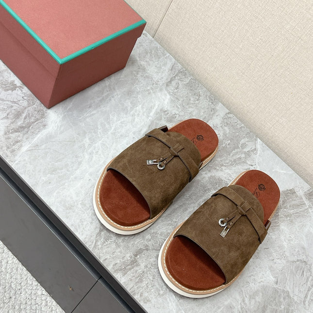 LP 26S LOCK MULE SLIDES IN OLIVE BROWN SUEDE SILVER HARDWARE