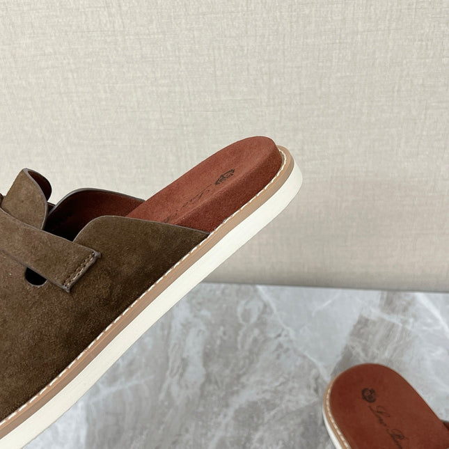 LP 26S LOCK MULE SLIDES IN OLIVE BROWN SUEDE SILVER HARDWARE