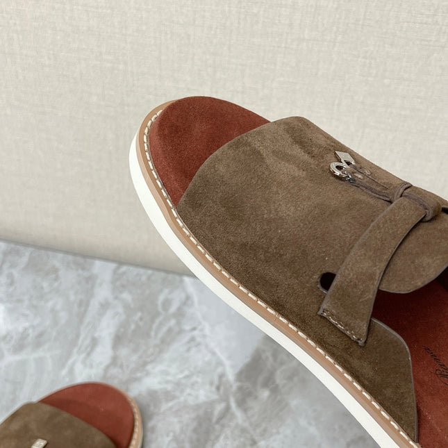 LP 26S LOCK MULE SLIDES IN OLIVE BROWN SUEDE SILVER HARDWARE