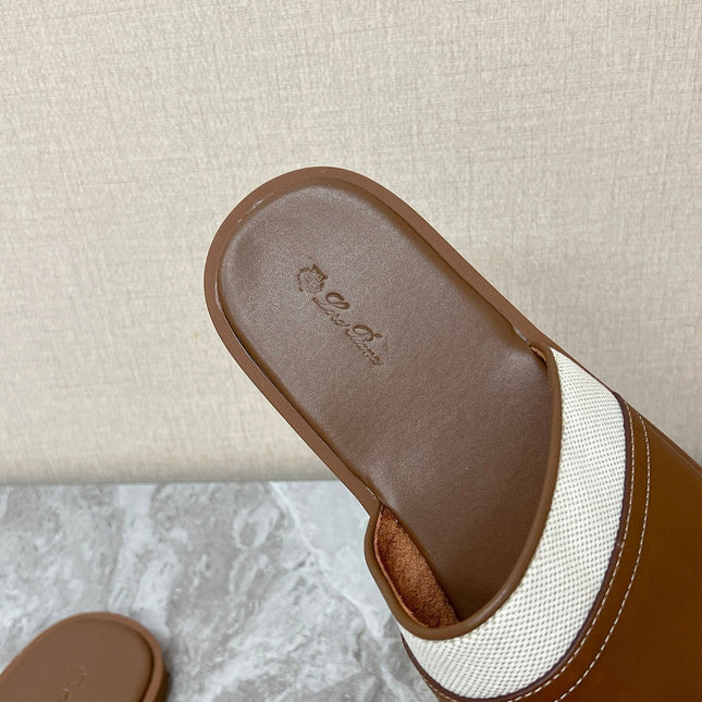 LP 26S SLIDES SANDAL IN BROWN CALFSKIN AND IVORY WHITE CANVAS