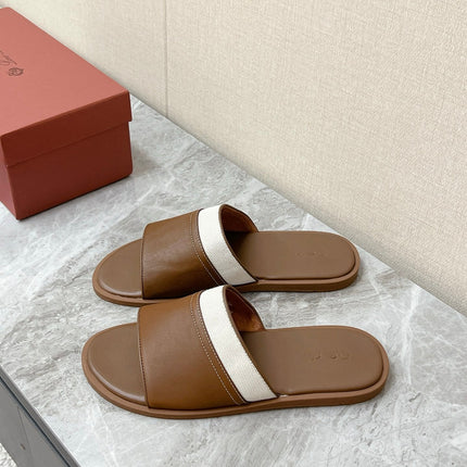 LP 26S SLIDES SANDAL IN BROWN CALFSKIN AND IVORY WHITE CANVAS