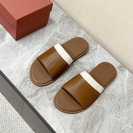 LP 26S SLIDES SANDAL IN BROWN CALFSKIN AND IVORY WHITE CANVAS