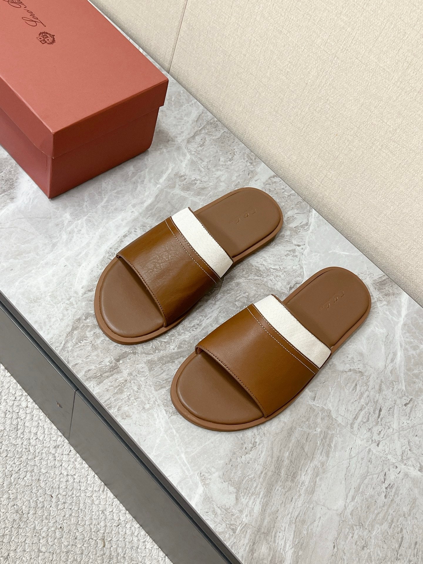 LP 26S SLIDES SANDAL IN BROWN CALFSKIN AND IVORY WHITE CANVAS