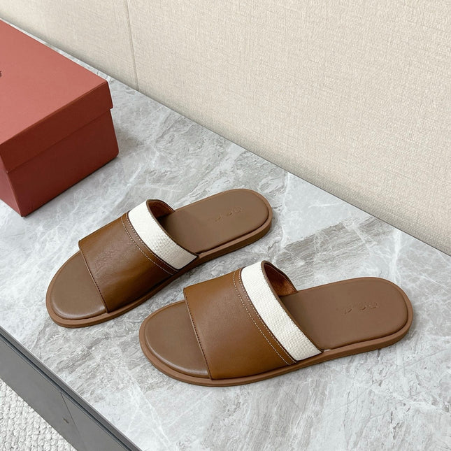 LP 26S SLIDES SANDAL IN BROWN CALFSKIN AND IVORY WHITE CANVAS