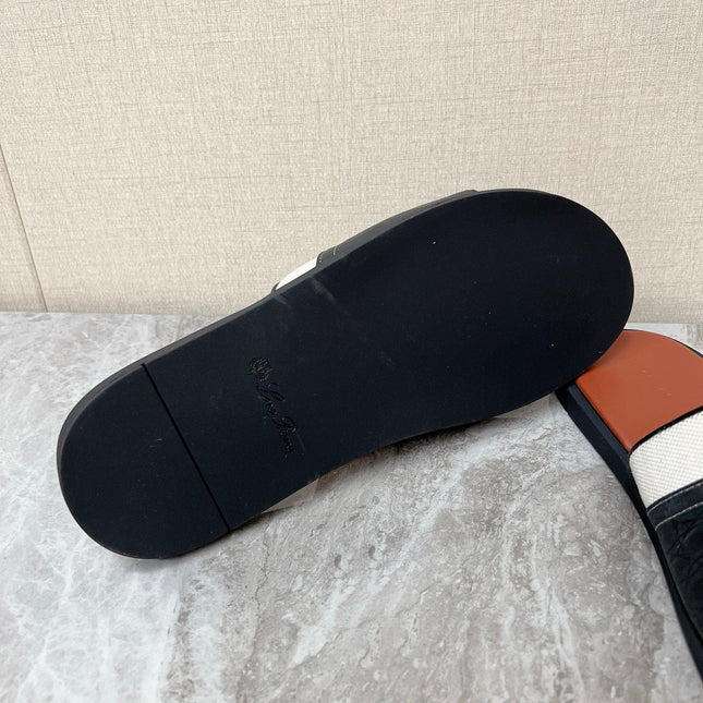 LP 26S SLIDES SANDAL IN BLACK GRAINED CALFSKIN AND IVORY WHITE CANVAS