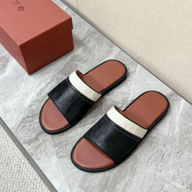 LP 26S SLIDES SANDAL IN BLACK GRAINED CALFSKIN AND IVORY WHITE CANVAS