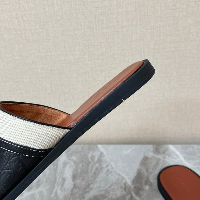 LP 26S SLIDES SANDAL IN BLACK GRAINED CALFSKIN AND IVORY WHITE CANVAS