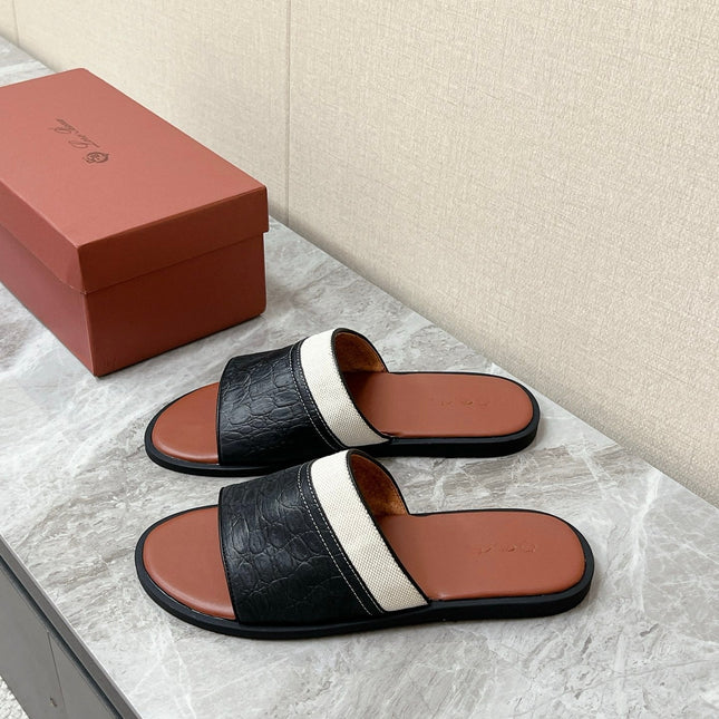 LP 26S SLIDES SANDAL IN BLACK GRAINED CALFSKIN AND IVORY WHITE CANVAS