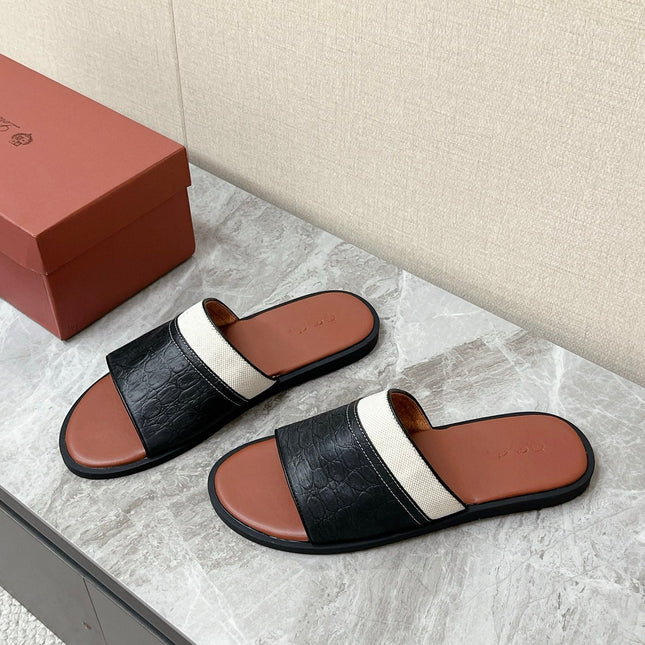 LP 26S SLIDES SANDAL IN BLACK GRAINED CALFSKIN AND IVORY WHITE CANVAS