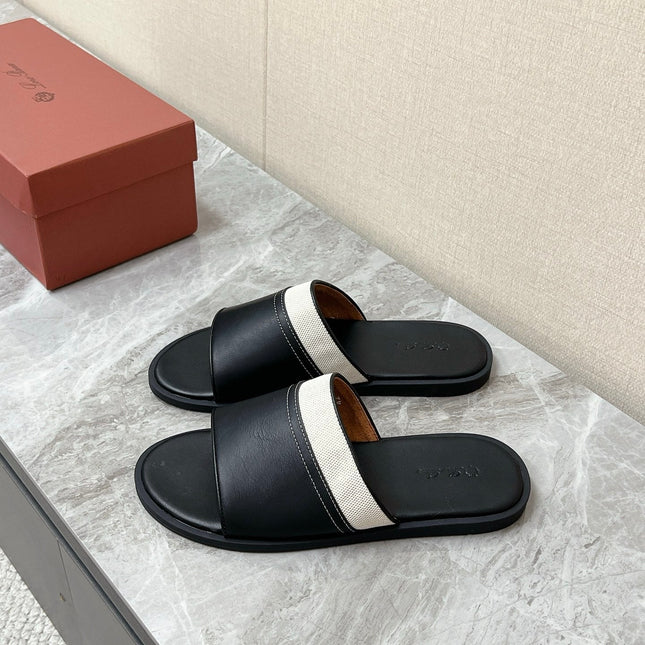 LP 26S SLIDES SANDAL IN BLACK CALFSKIN AND IVORY WHITE CANVAS