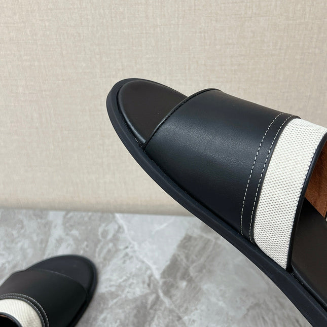 LP 26S SLIDES SANDAL IN BLACK CALFSKIN AND IVORY WHITE CANVAS