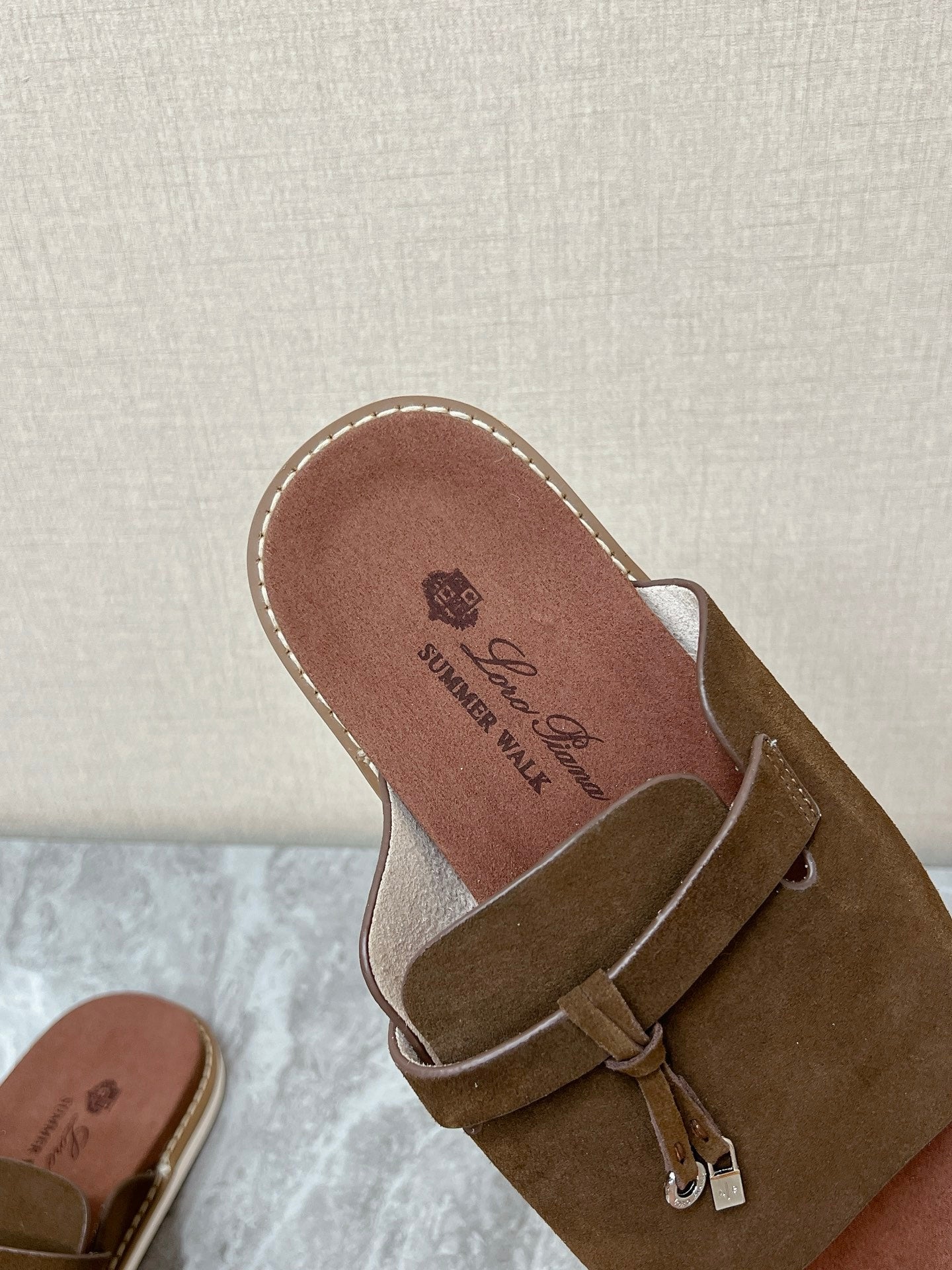 LP 26S LOCK CHARM SLIDES IN DARK BROWN SUEDE SILVER HARDWARE