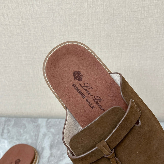 LP 26S LOCK CHARM SLIDES IN DARK BROWN SUEDE SILVER HARDWARE