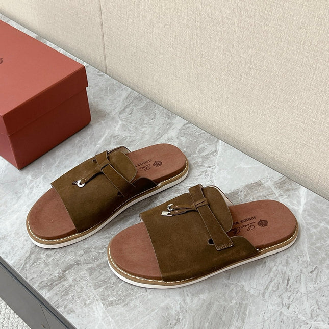 LP 26S LOCK CHARM SLIDES IN DARK BROWN SUEDE SILVER HARDWARE