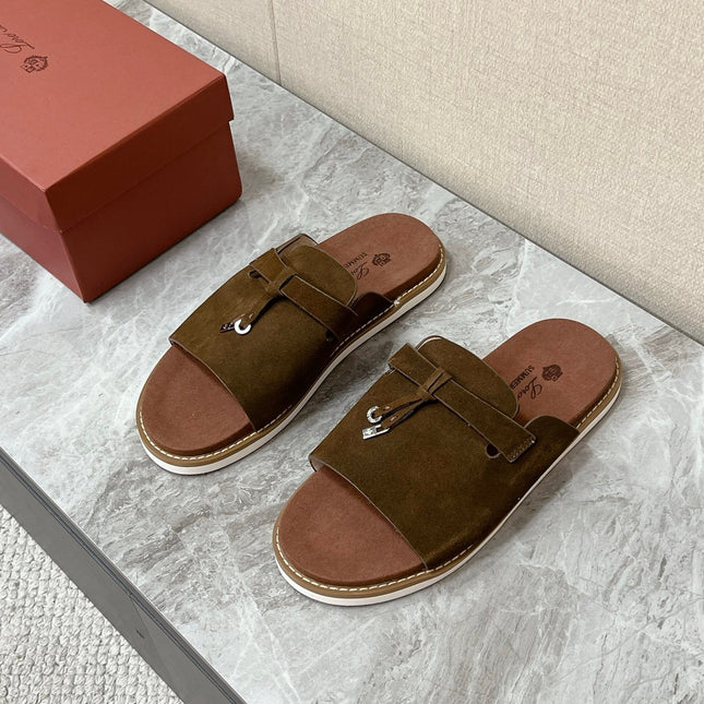 LP 26S LOCK CHARM SLIDES IN DARK BROWN SUEDE SILVER HARDWARE