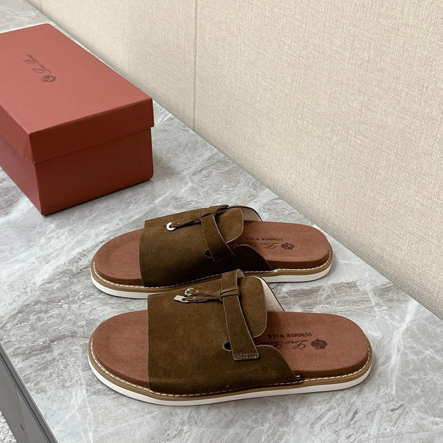 LP 26S LOCK CHARM SLIDES IN DARK BROWN SUEDE SILVER HARDWARE